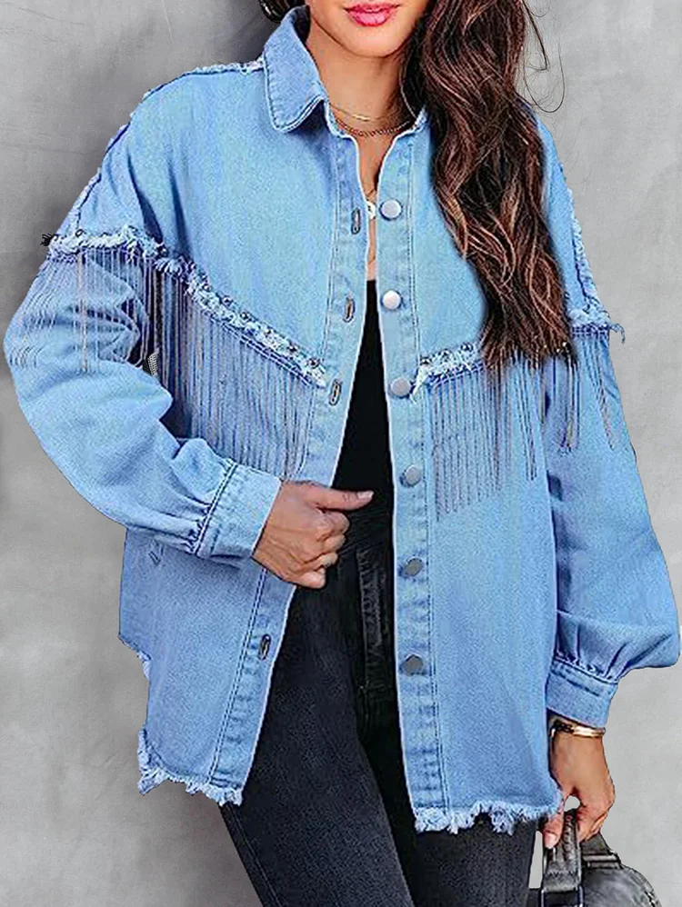 Fashion Chain Fringe Studded Single Breasted Denim Coat