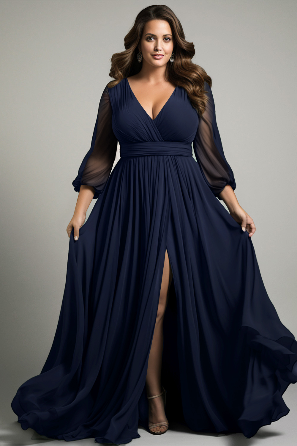 Flycurvy Plus Size Mother Of The Bride Dark Green Chiffon Wrap Lantern Sleeve Split Maxi Dress 2024 - Flycurvy 