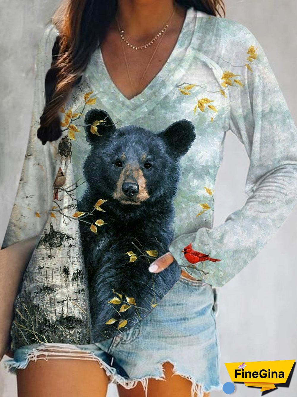 Women's Bear Cardinal Bird and Birch V-Neck Top