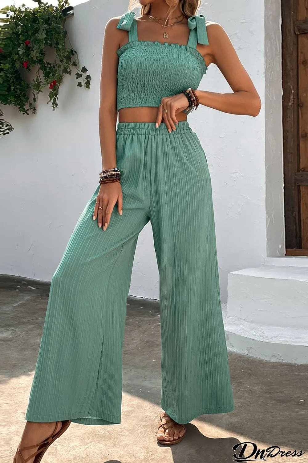 Tie Shoulder Smocked Crop Top and Wide Leg Pants Set