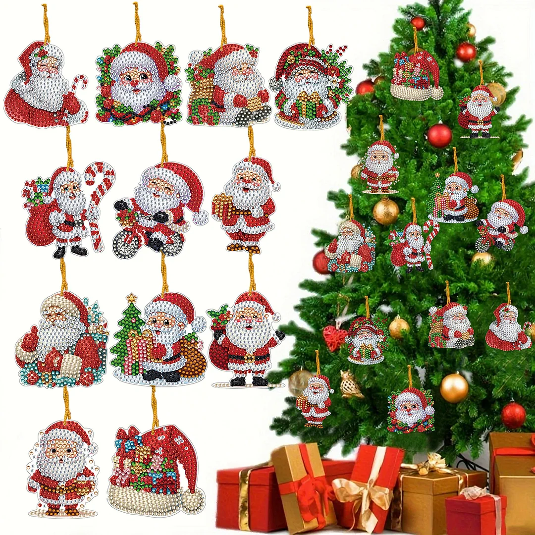 12Pcs Xmas Theme 2D Flat DIY Diamond Christmas Tree Pendant Wall Door Decoration
