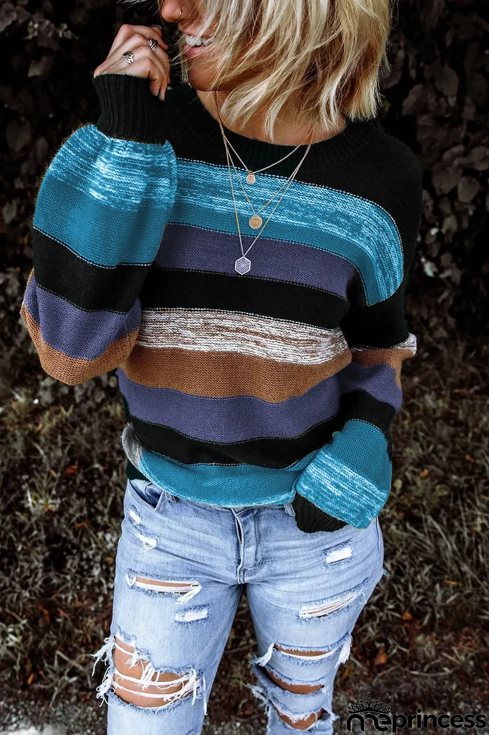 Blue Color Block Highlight Balloon Sleeve Sweater