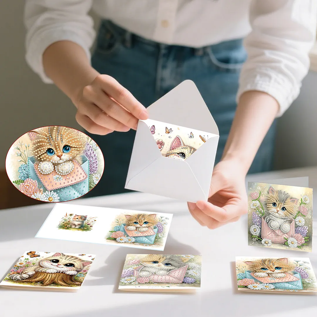 6pcs Cat And Flower Pattern DIY Diamond Painting Greeting Card Set with Envelope Diamond Painting Daily Wishing Cards for Birthdays Thanksgiving & Special Occasion