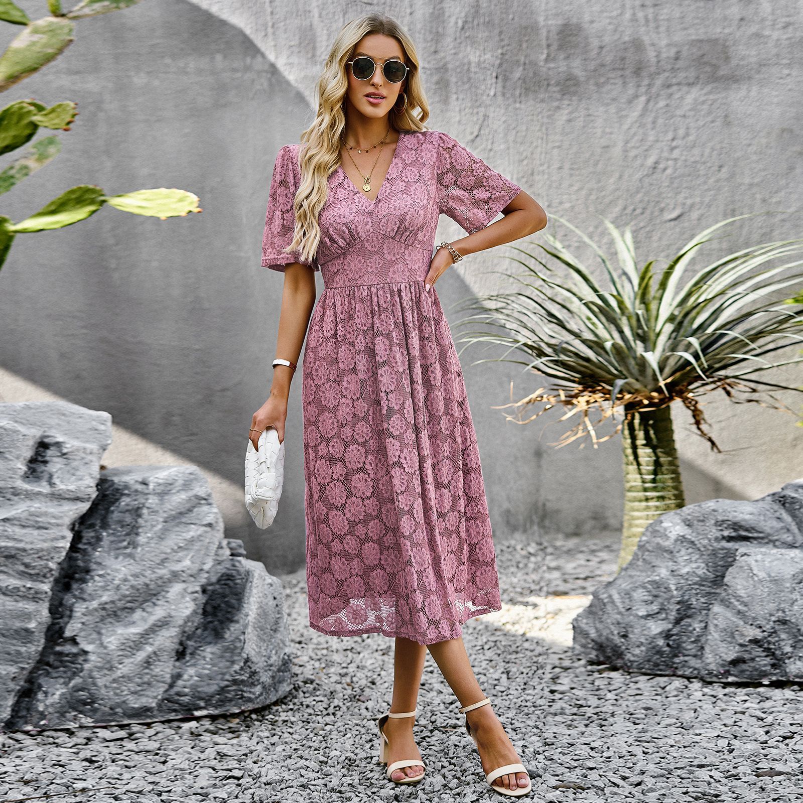 Mature Women Summer Lace Dress Elegant Waist V-neck Dress