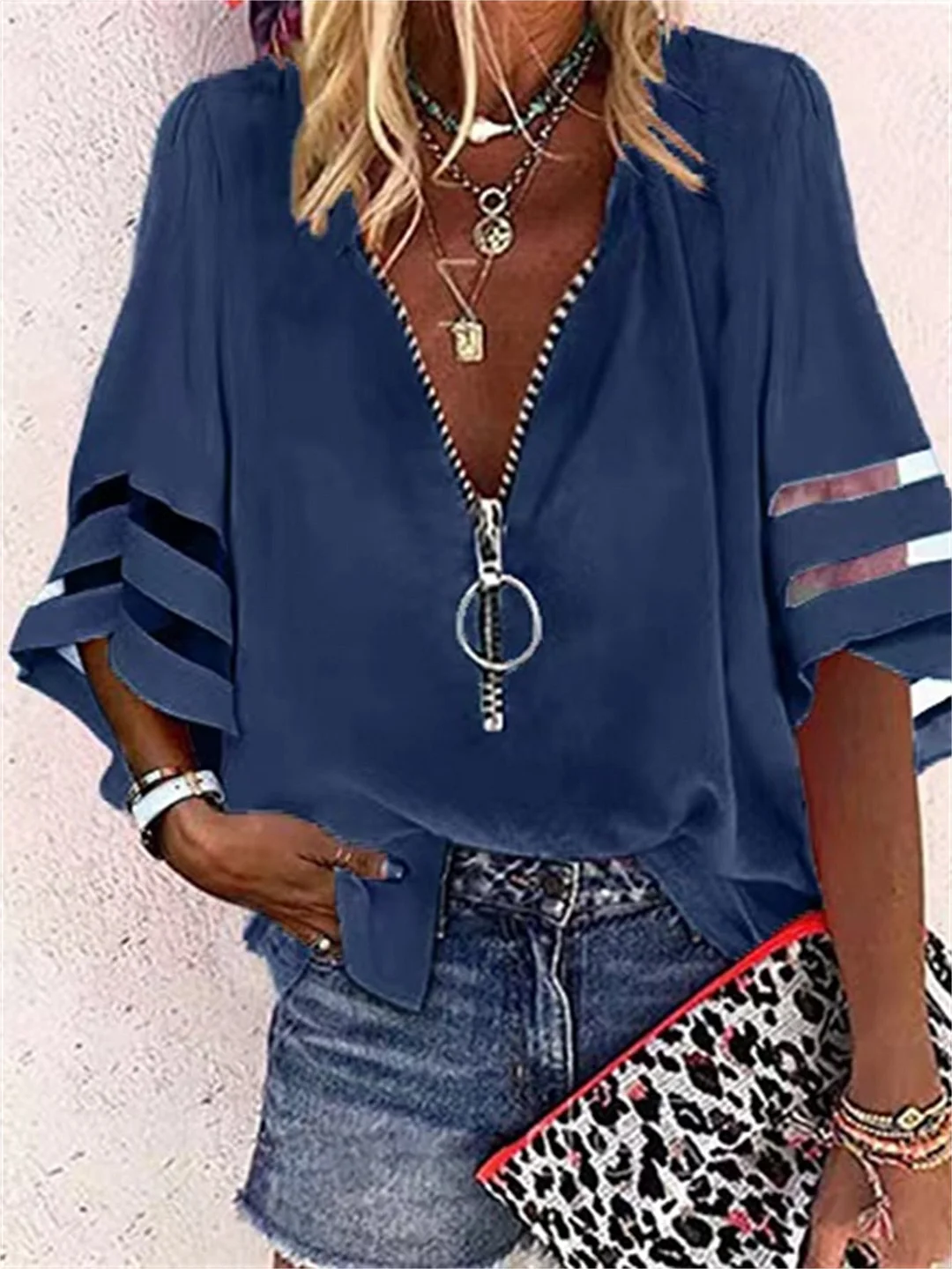 Women Half Sleeve V-neck Solid Color Zipper Tops