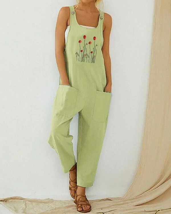 Flower Embroidered Straps Casual Jumpsuit For Women-