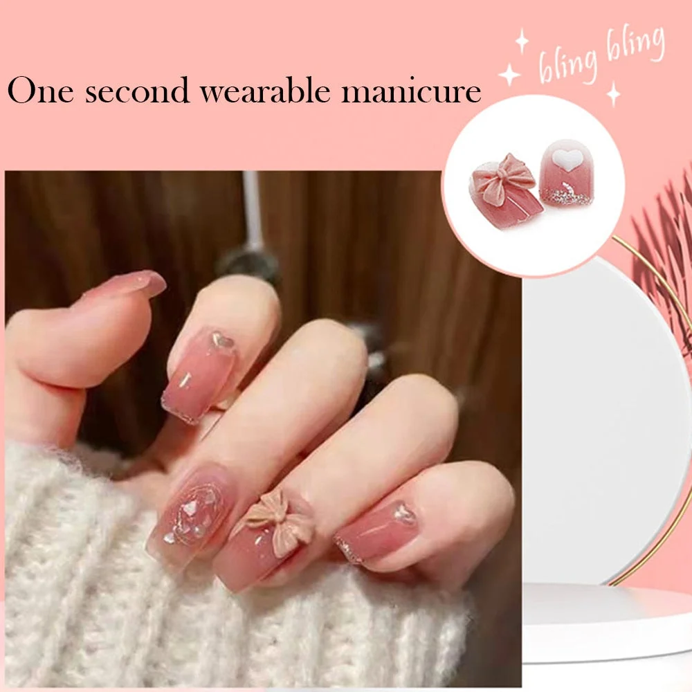 24pcs Ballet Fake Nails Coffin Head Pink Color Press On Nail Art tips with 3D Heart And Bow Design French Style Girl False Nails-Nail Inspo