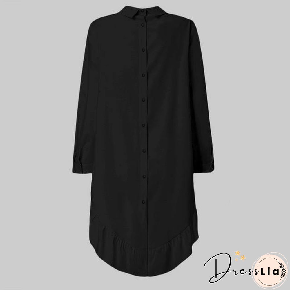 Womens Fashion Solid Back Buttons Ruffles Blouses Long Sleeve Lapel Casual Blouse Ladies