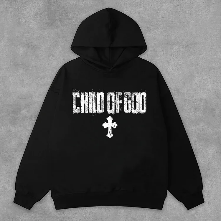 Vintage Child Of God Cross Graphic Print Side Pockets Hoodie SOPULA