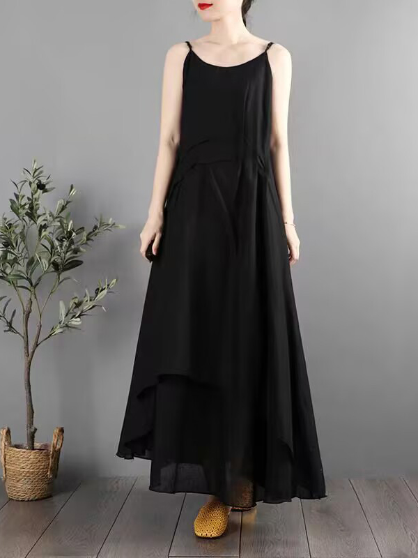 Asymmetrical Hem Strap Neck Sleeveless Maxi Dress