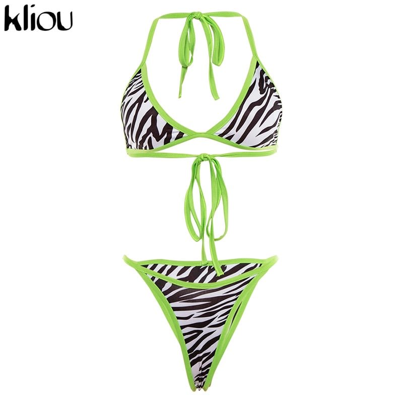 Kliou summer beachwear women sexy two pieces set deep v-neck strap lace up camisole crop top and bottom outfit festival clothes