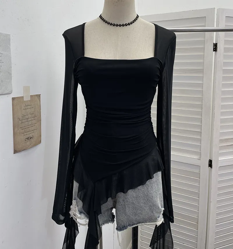 Nigikala Nigikala Shooting Collar Low-Breast Sexy Mesh Yarn Long-Sleeved Top Irregular Ribbon To Repair Hottie T-Shirt 8096
