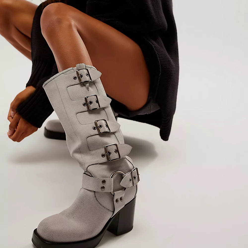 White Closed Toe Chunky Heel Platform Mid Calf Boots Nicepairs