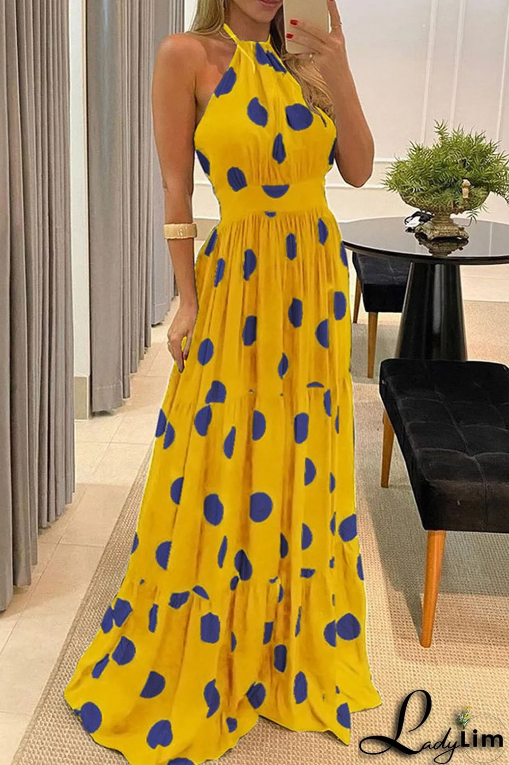 Green Casual Sweet Print Polka Dot Patchwork Backless Halter Straight Dresses