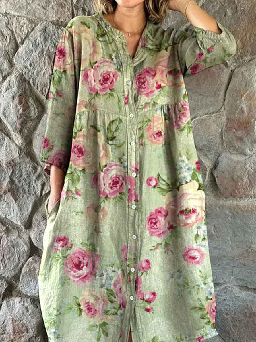 Women's Shirt Style Elegant Simple  Rose Floral Pattern Cotton And Linen Dress With Pockets