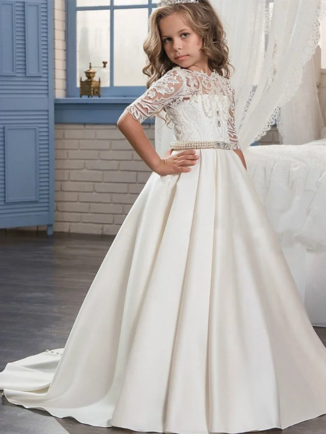 Hellodresses Ball Gown Half Sleeve Jewel Neck Flower Girl Dresses Matte Satin With Embroidery Bandage