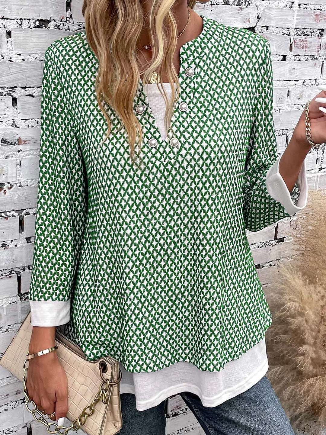 Women Long Sleeve V-neck Plaid Graphic Button Tops