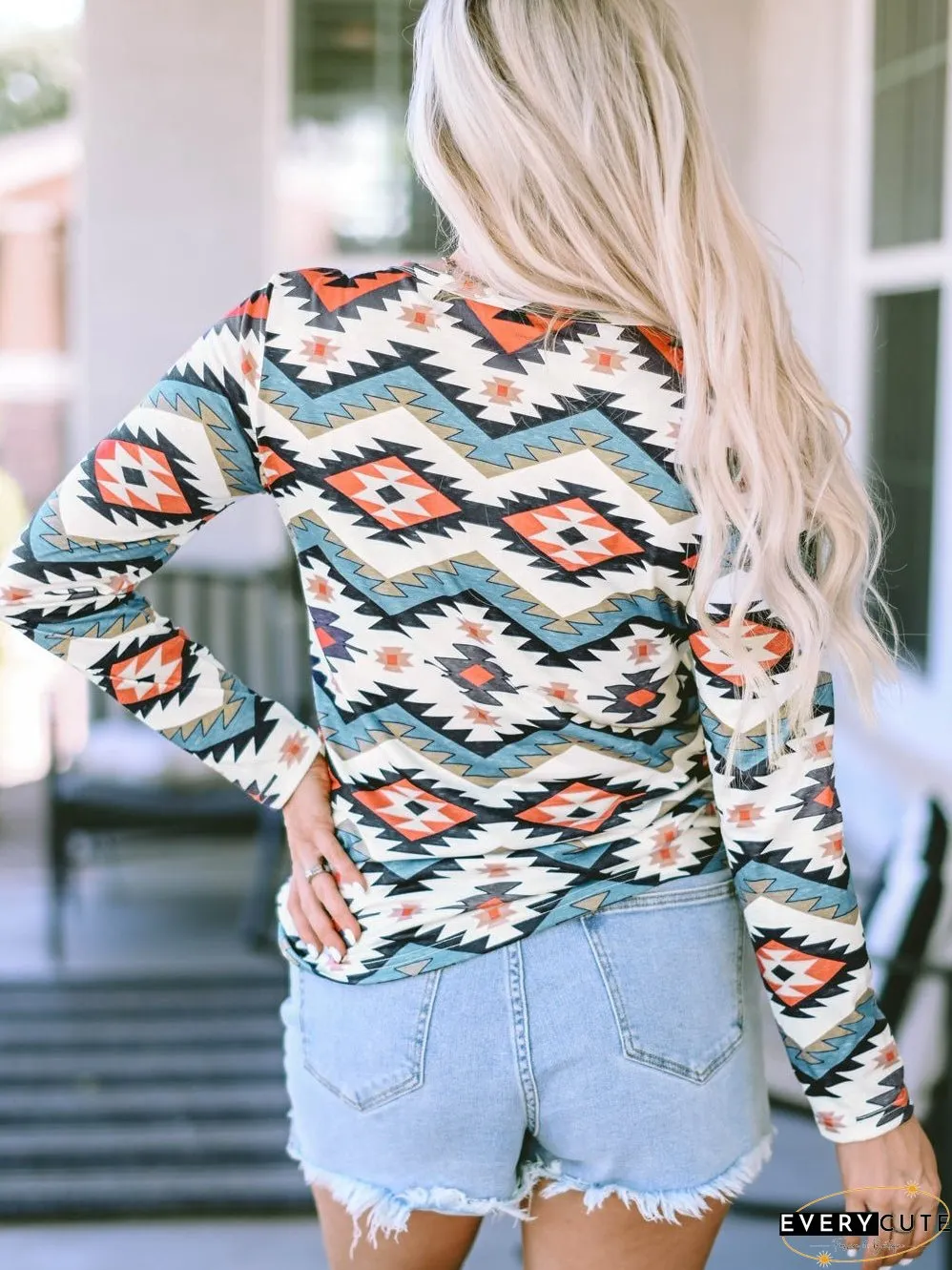 White Bohemian Aztec Print Henley Top with Buttoned V-Neck