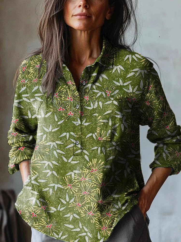 Women's Japanese Floral Print Casual Cotton and Linen Shirt