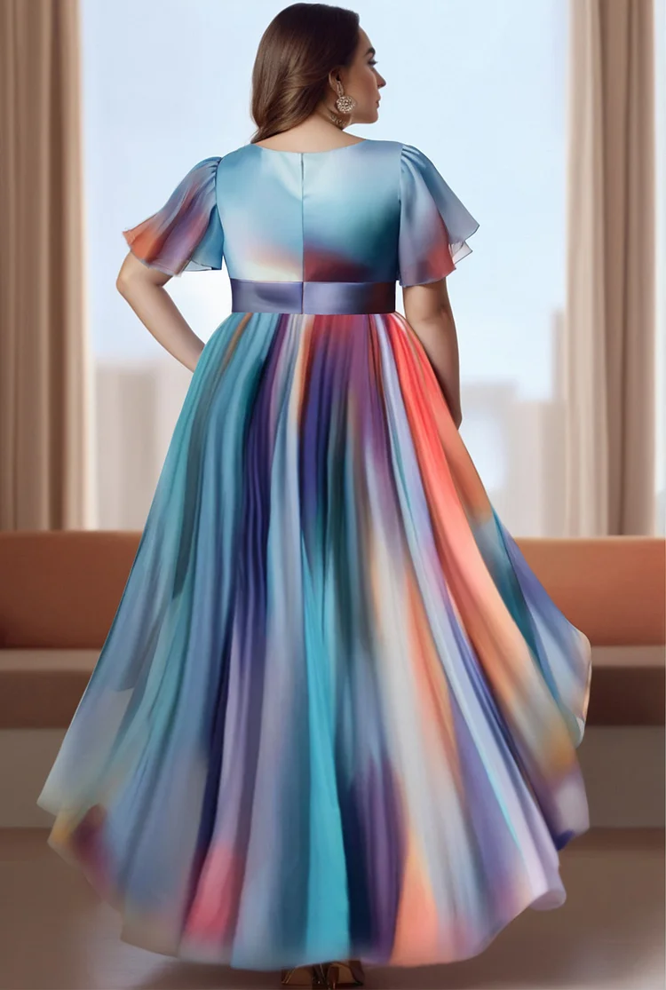 Xpluswear Design Plus Size Formal Blue Elegant All Over Print V Neck Short Sleeve High Low Hem Organza Maxi Dresses