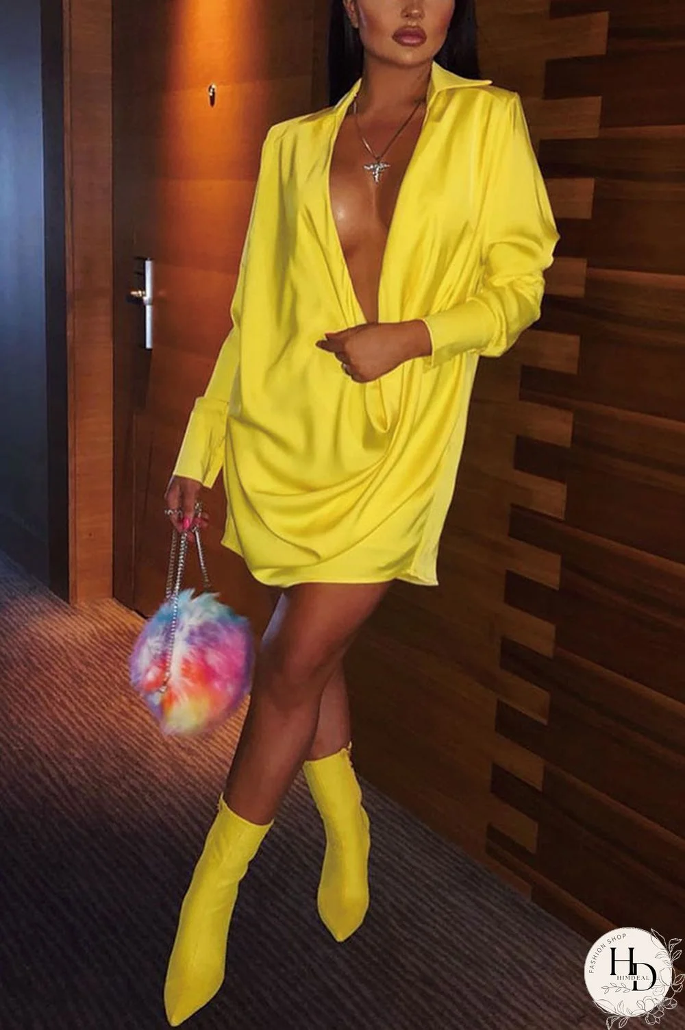 Yellow Fashion Sexy Cap Sleeve Long Sleeves Asymmetrical Collar Asymmetrical Mini asymmetrical Club Dresse