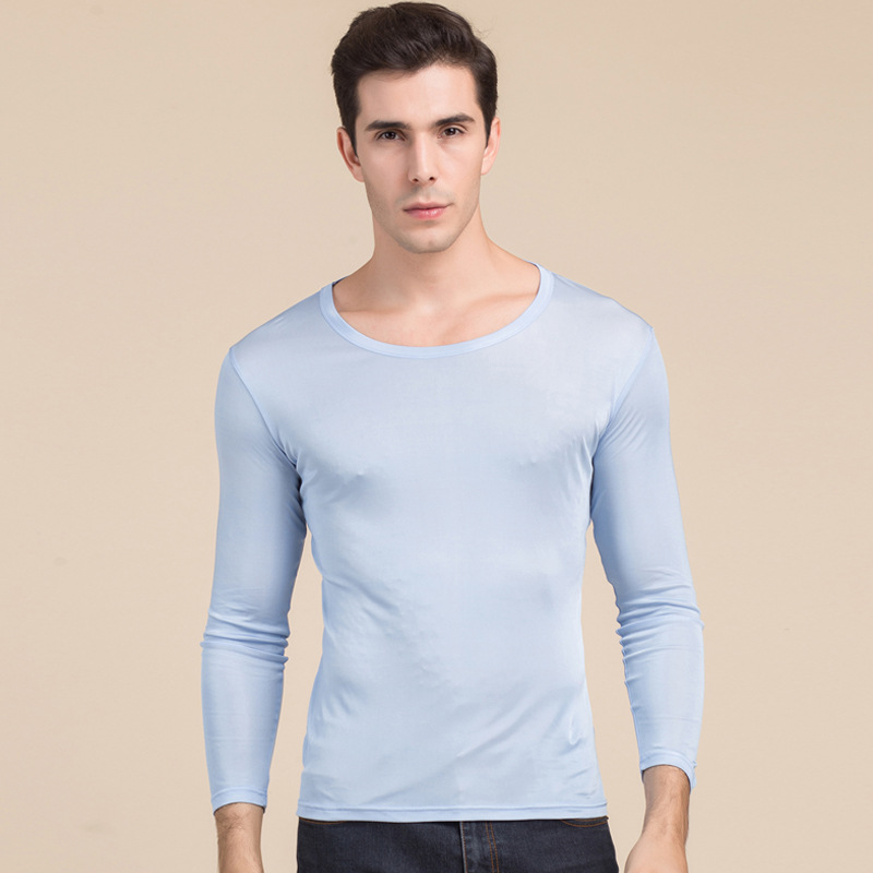 Silk T-shirt Men's Casual Long-sleeved Style Light Blue