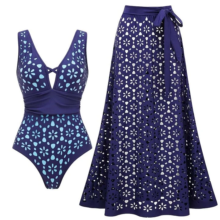 Yellow Color Laser Cutting Flower Hollow One Piece Swimsuit and Skirt