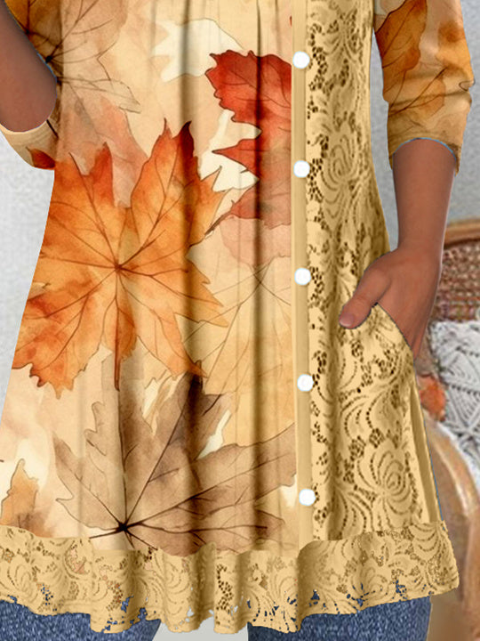 Women's Long Sleeve Scoop Neck Graphic Lace Buttons Top