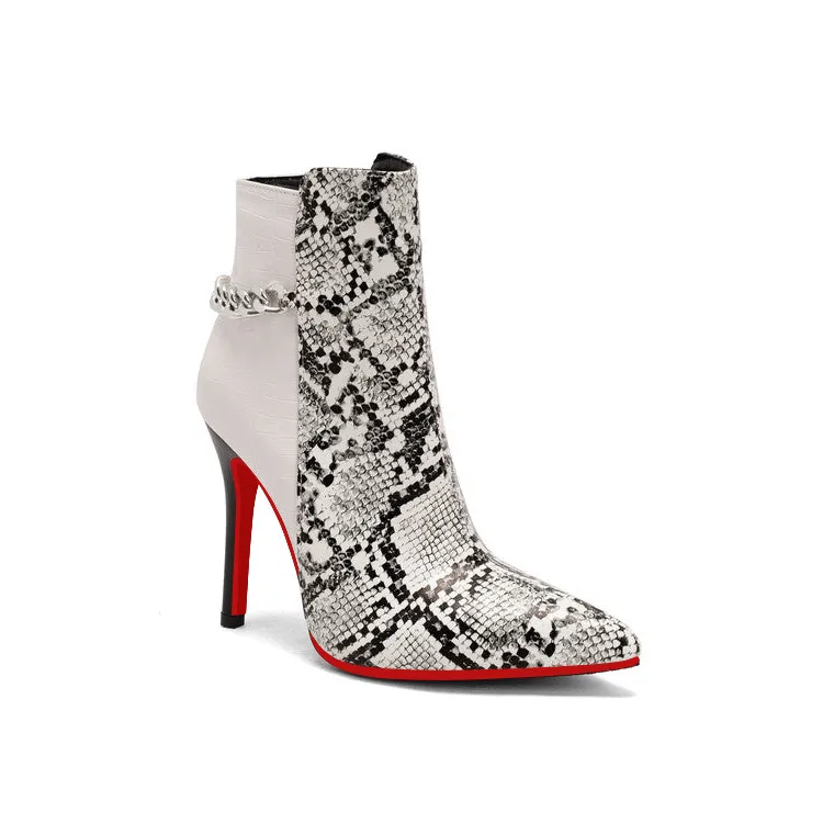 100mm/120mm Women Printed Patchwork Pointed Toe Metal Chains Stiletto Red Bottom Boots-vocosishoes