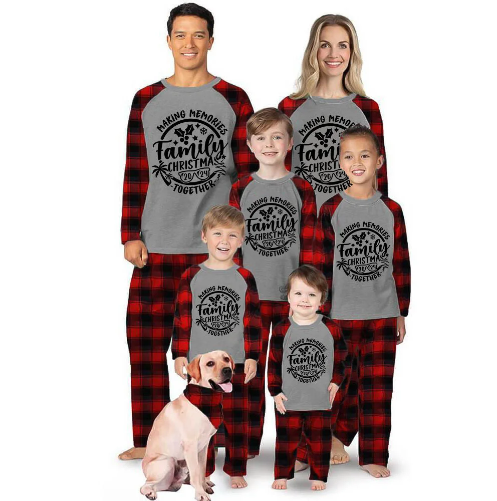 Christmas Make Memories Together 2024 Print  Black & Red Plaid Family Matching Grey Pajamas With Dog bandana