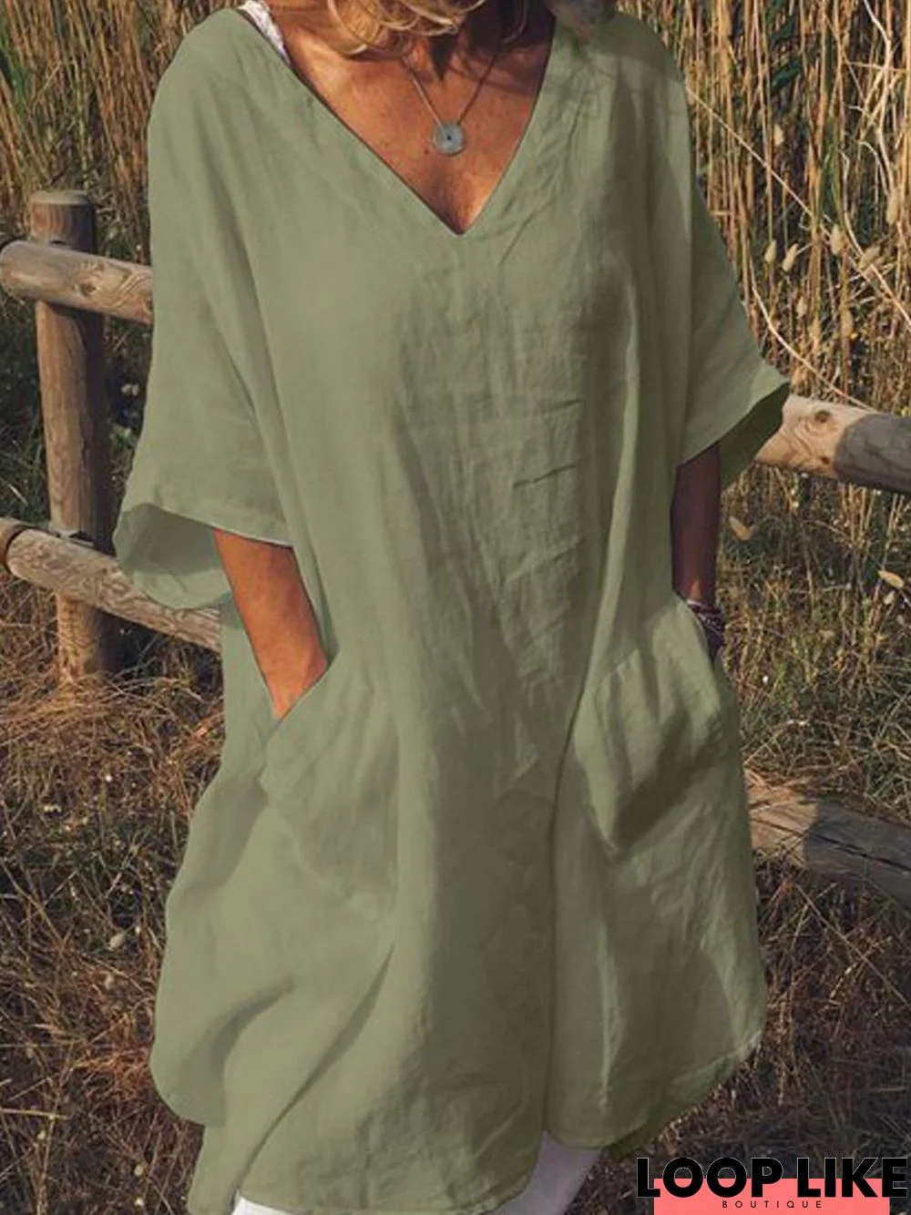 Women Plus Size Casual V Neck Half Sleeve Pockets Dresses