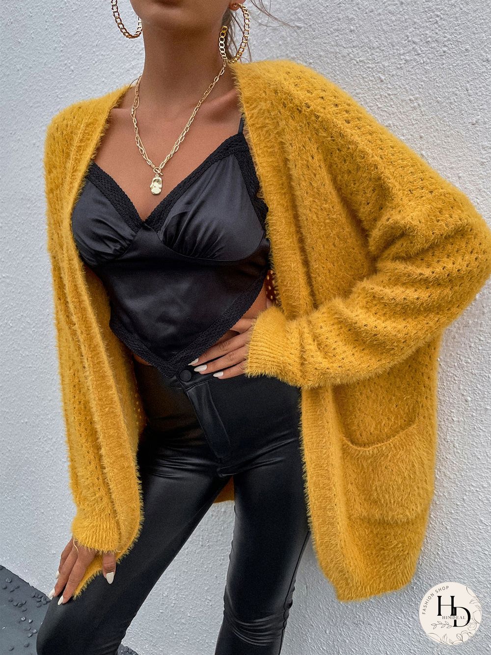 Casual Long Sleeve V Neck Sweater With Pockets