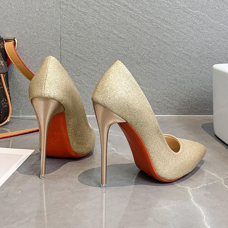 Solid PU Pointed Head 12cm Super High Heel Thin Heels Party Strap Stiletto Women Heels