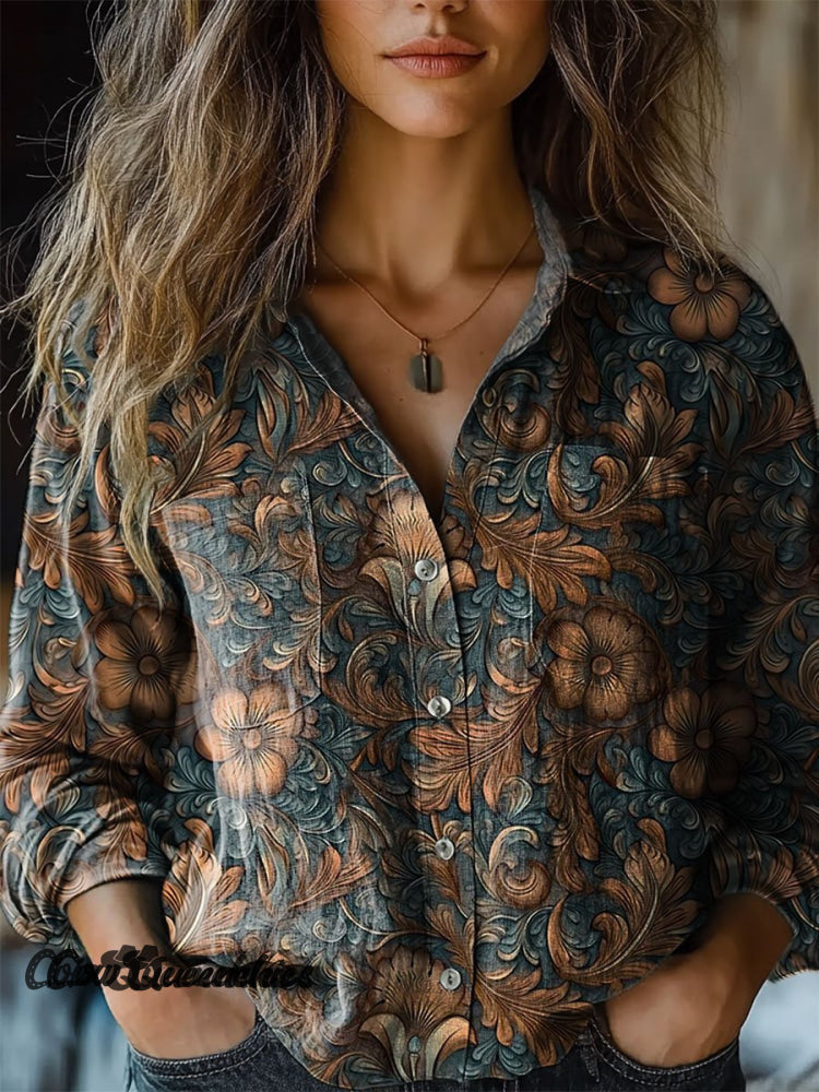 Women’s Vintage Flower Art Print Casual Long Sleeve Comfortable Cotton Shirt Multicolor / S