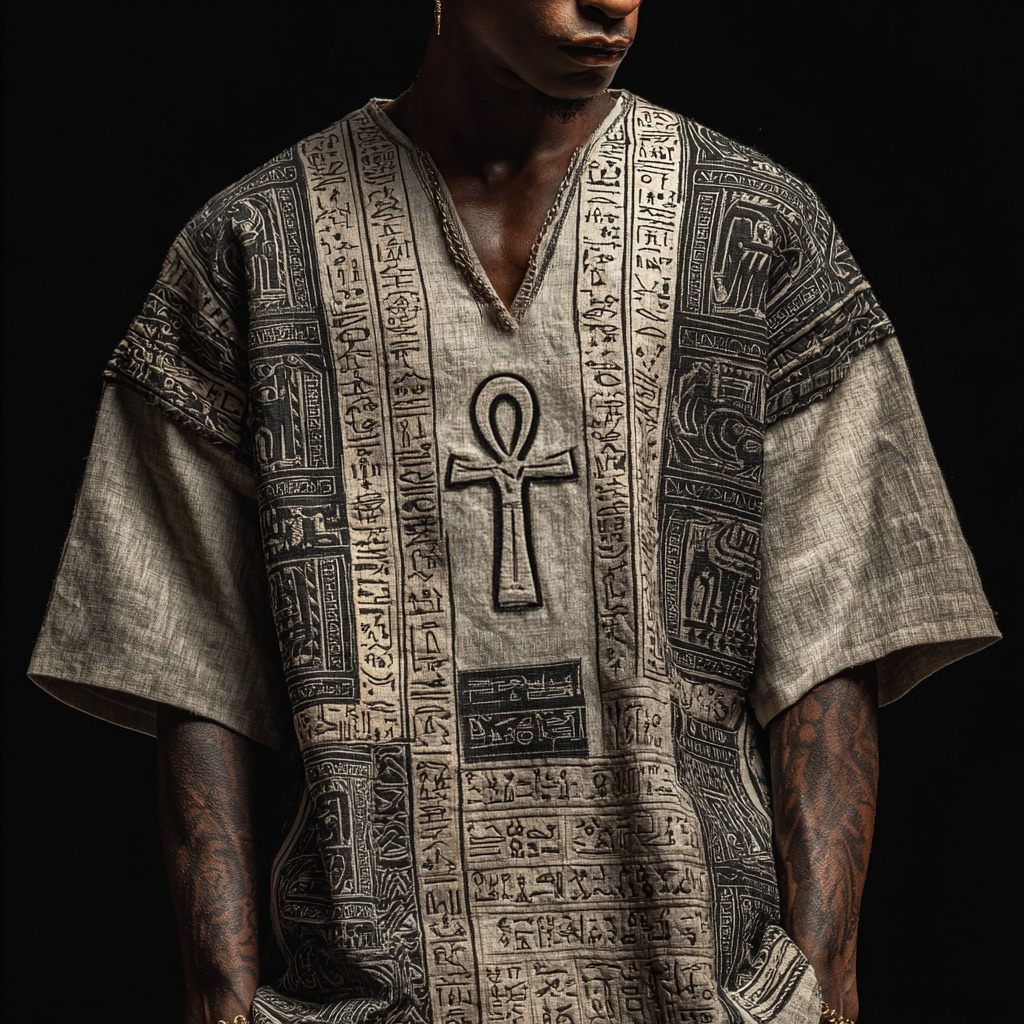 Comstylish Ancient Egyptian Ankh Embroidered Colorblock Linen Shirt