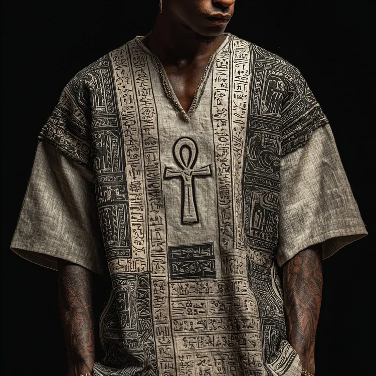 Ancient Egyptian Ankh Embroidered Colorblock Linen Shirt