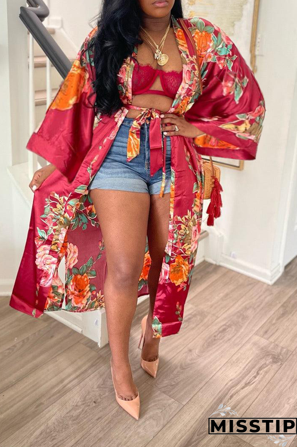 Yellow Casual Print Bandage Cardigan Collar Outerwear