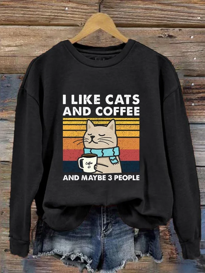 Women's Winter Cat Print Crew Neck Sweatshirt socialshop