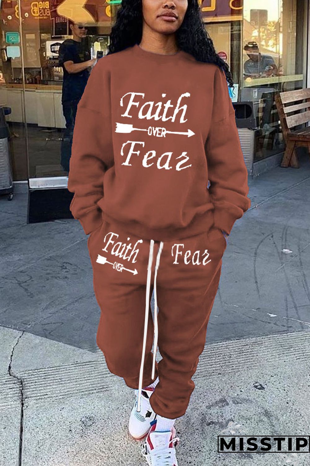 Coffee Casual Print O Neck Long Sleeve Two Pieces