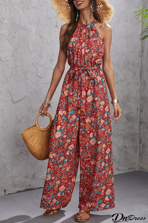 Printed Cold Shoulder Casual Loose Jumpsuit