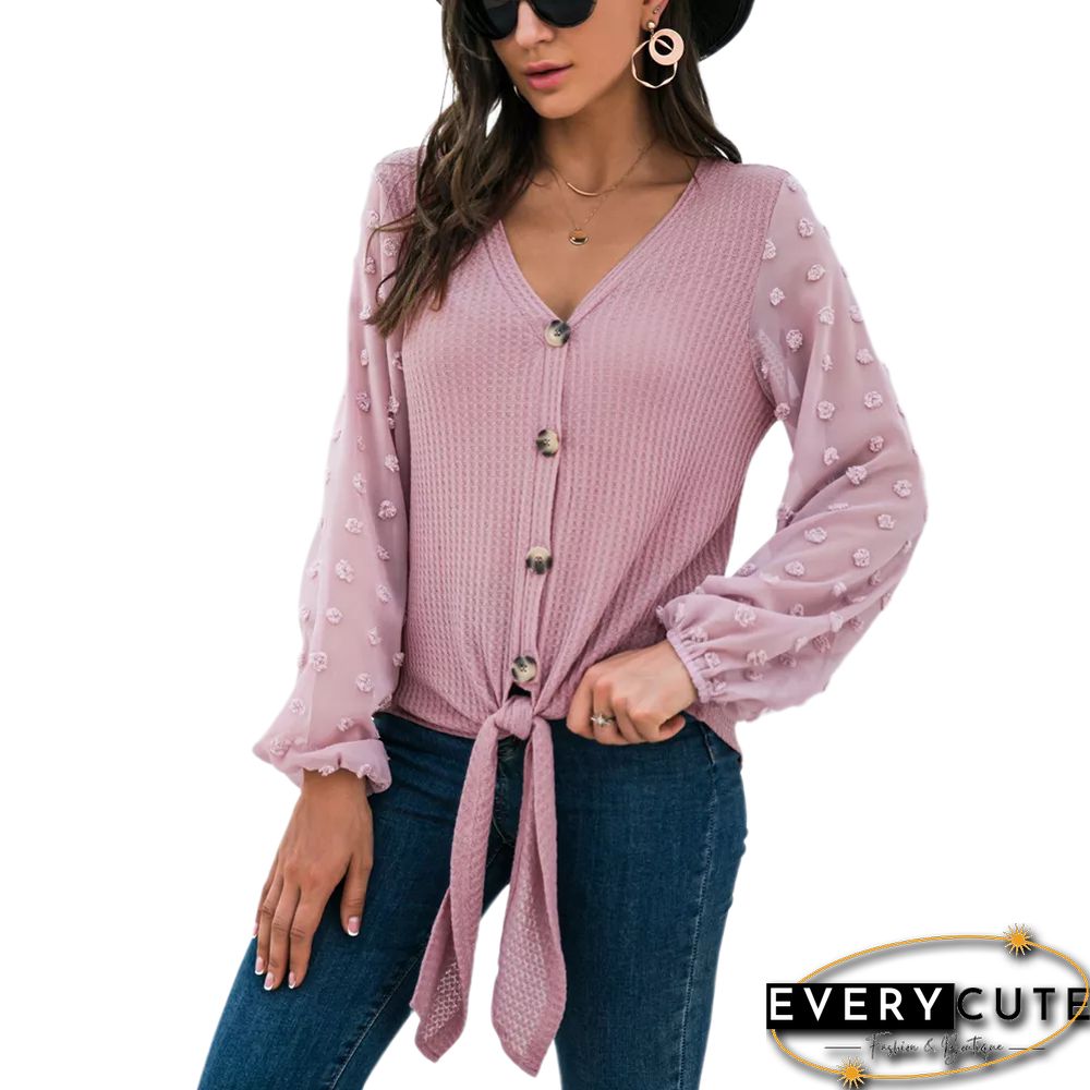 Pink Waffle Splice Swiss Dot Long Sleeve Blouse