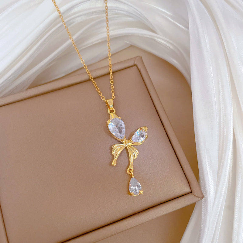 Butterfly Tassel Full Diamond Gorgeous Full Diamond Necklace Women’S Versatile Clavicle Chain Titanium Steel Chain