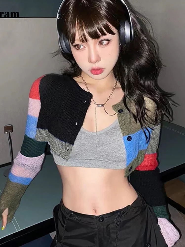 Y2k Crop Cardigan Women Aesthetics Harajuku Patchwork Knit Cardigan Sweater Korean Fashion Grunge E-girl Short Crop Top