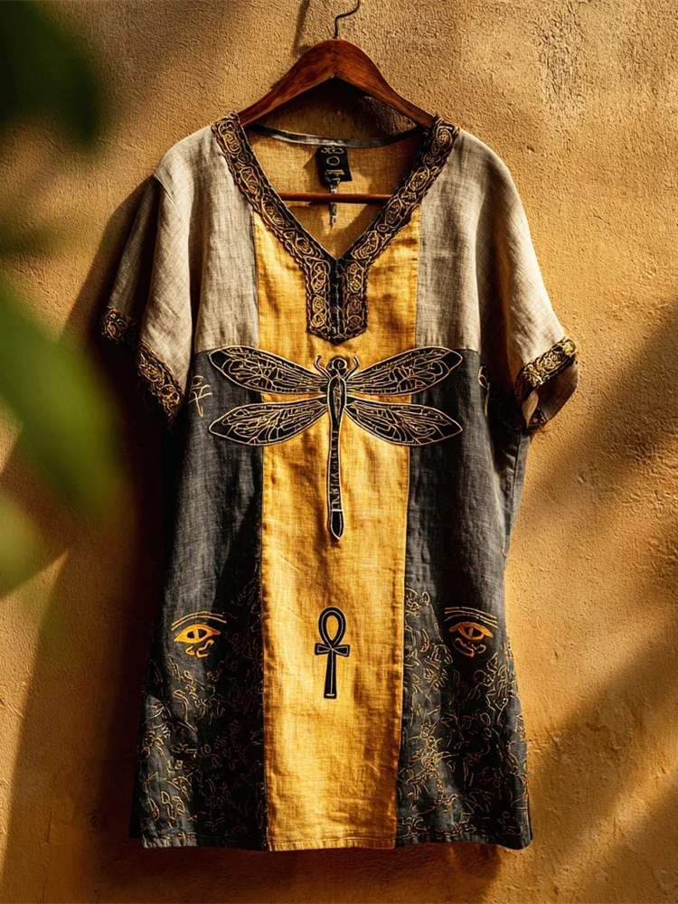 Vintage Egyptian Dragonfly Embroidery Women's Linen V-neck Midi Dress