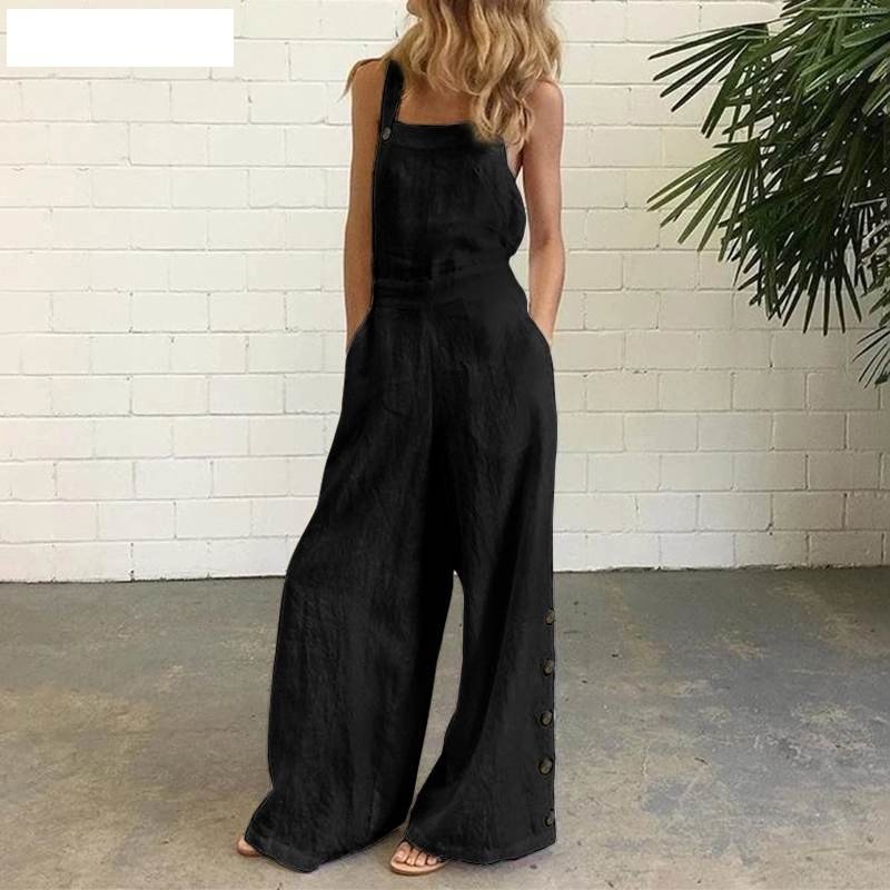Sleeveless Casual Wide Leg Side Button Jumpsuit