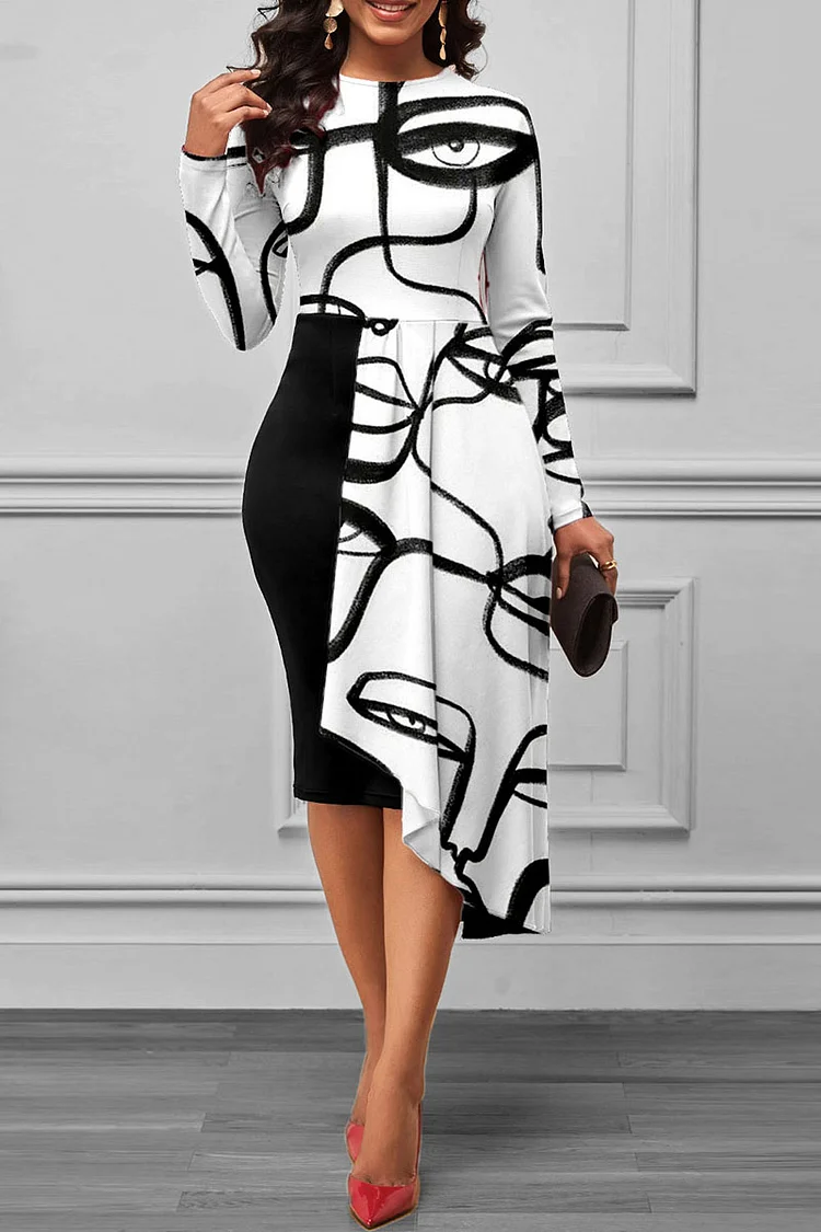 Abstract Face Print Long Sleeve Layered Asymmetric Patchwork OL Style Midi Dresses