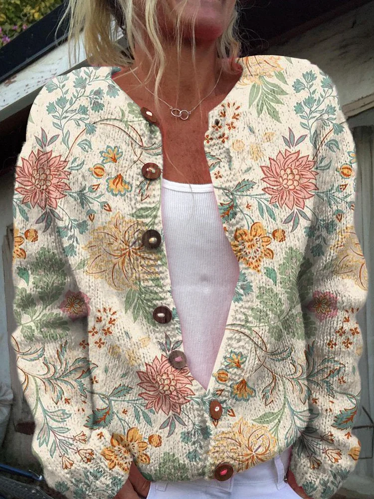 Vintage Pretty Floral Art Graphic Print Buttoned Cardigan Sweater