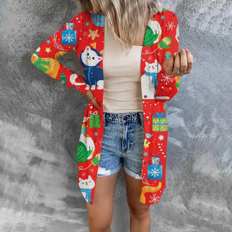 Christmas Print Fashion Button Long-sleeved Cardigan Women-Mayoulove