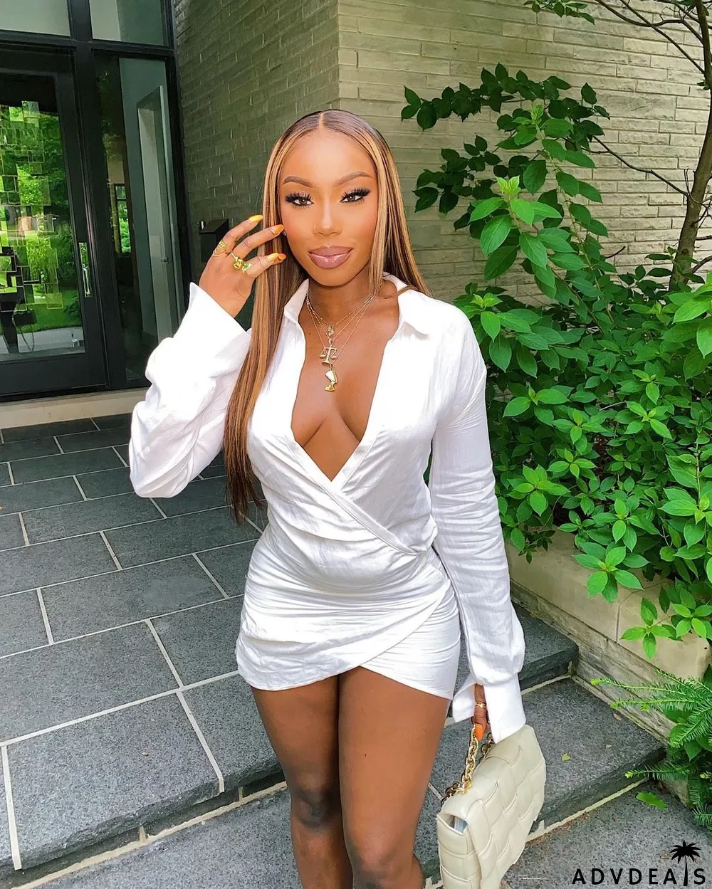 Sexy V Neck Long Sleeve Mini Dress