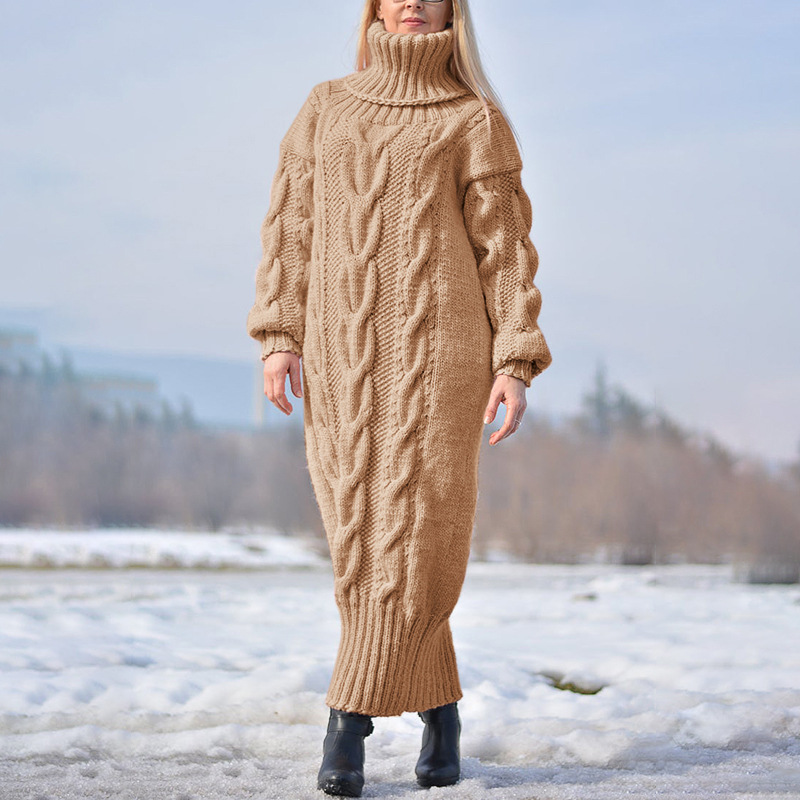  thdmladies Knitted Turtleneck Temperament Solid Color Sweater Dress thedmladies
